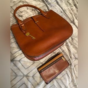 Fossil Ryder Brown Tote Crossbody w/ Key charm & vintage Fossil wallet